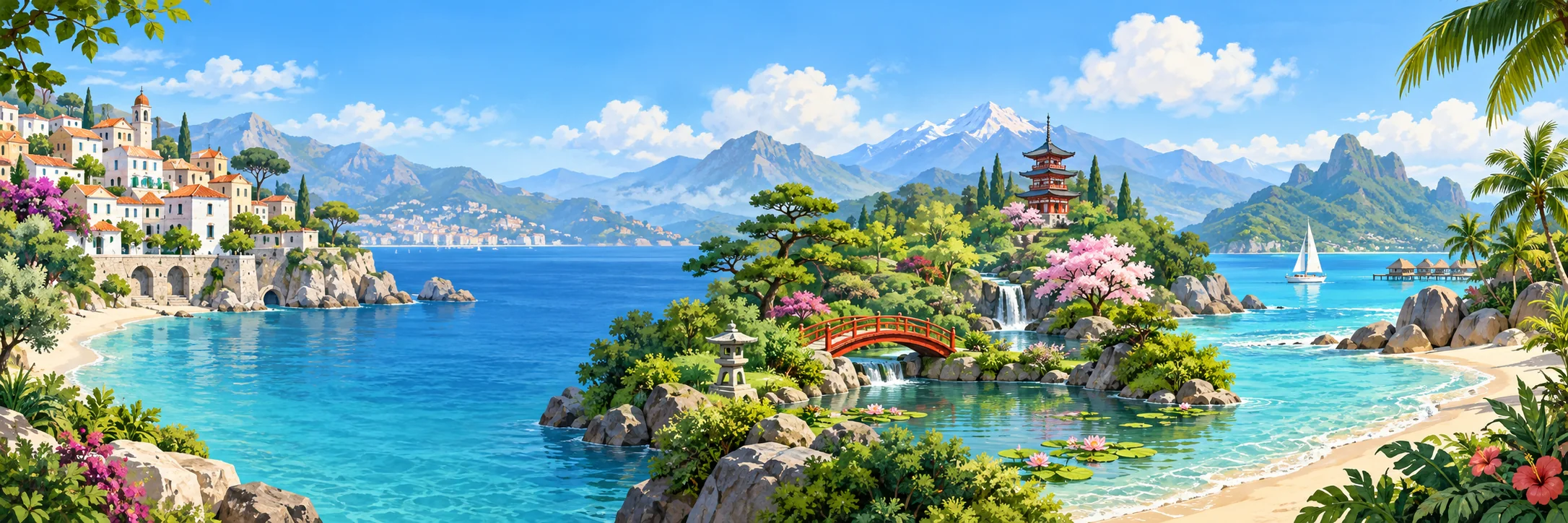 Panoramic illustration of family-friendly destinations across a coast, garden, and island