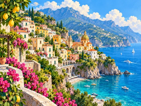 Hand-painted family-travel illustration of a Mediterranean coast
