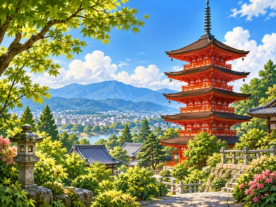 Hand-painted family-travel illustration of a Kyoto-like garden and mountain