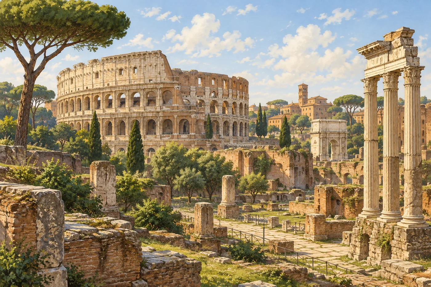 The Colosseum and nearby Roman Forum ruins, framed by umbrella pines in warm light.