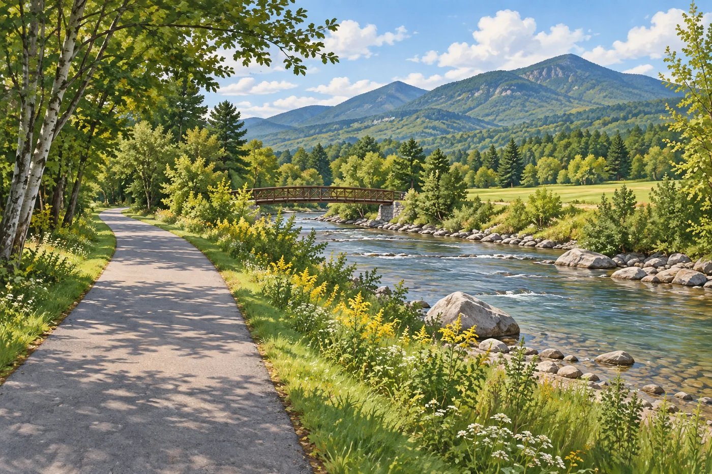 An unoccupied paved path follows a clear river beneath Vermont’s forested Green Mountains.