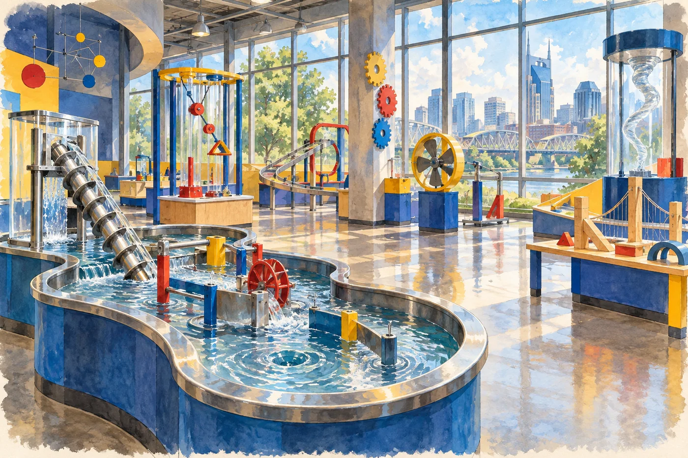 An illustrated hands-on museum gallery with water and physics exhibits.