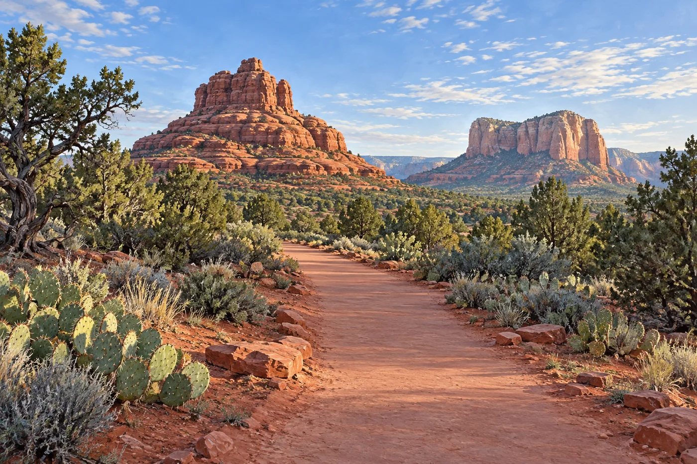 An empty desert path approaches Bell Rock and Courthouse Butte through juniper scrub.