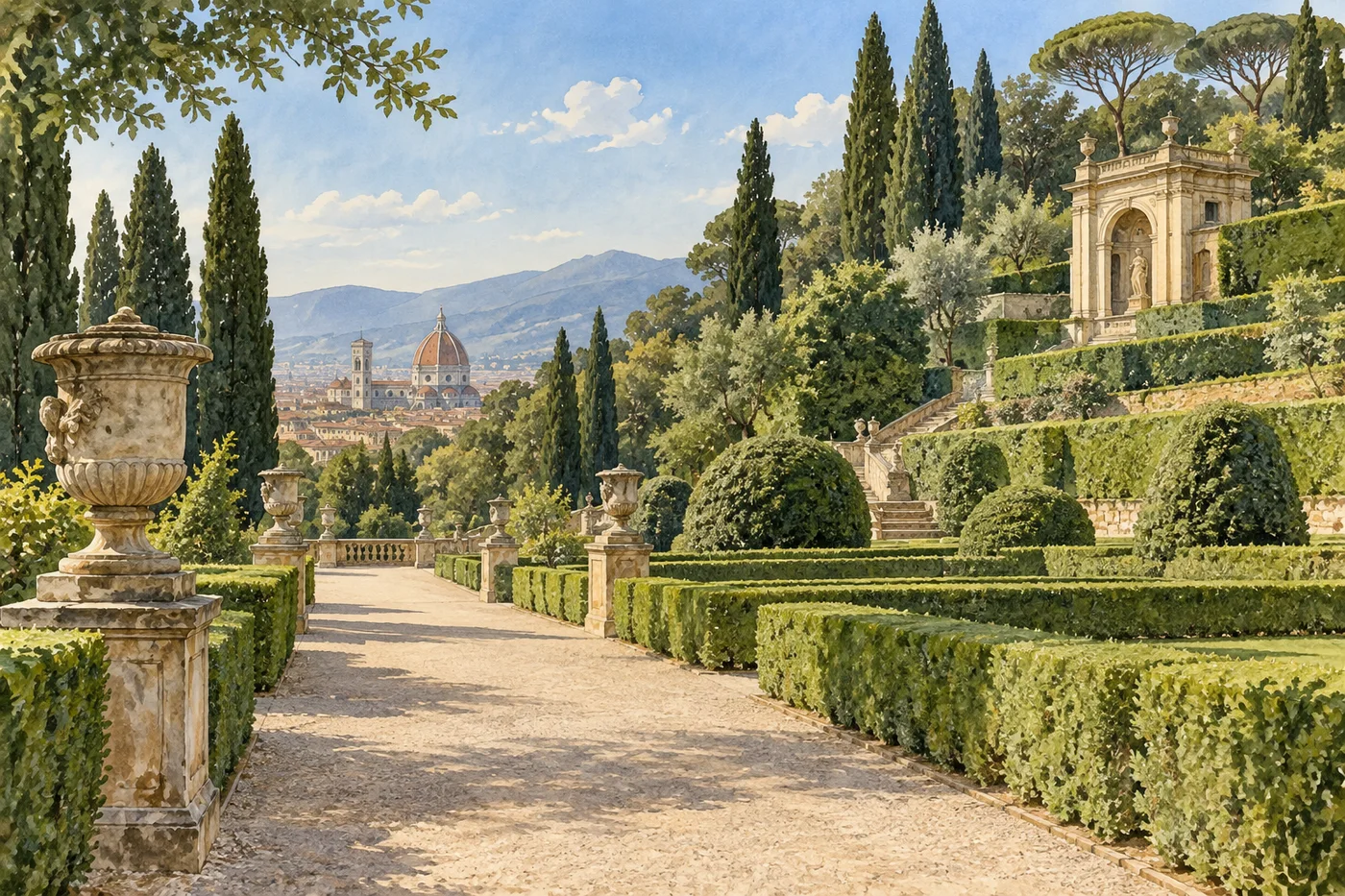 A formal path, clipped hedges, fountain, and cypress trees in Florence's Boboli Gardens.