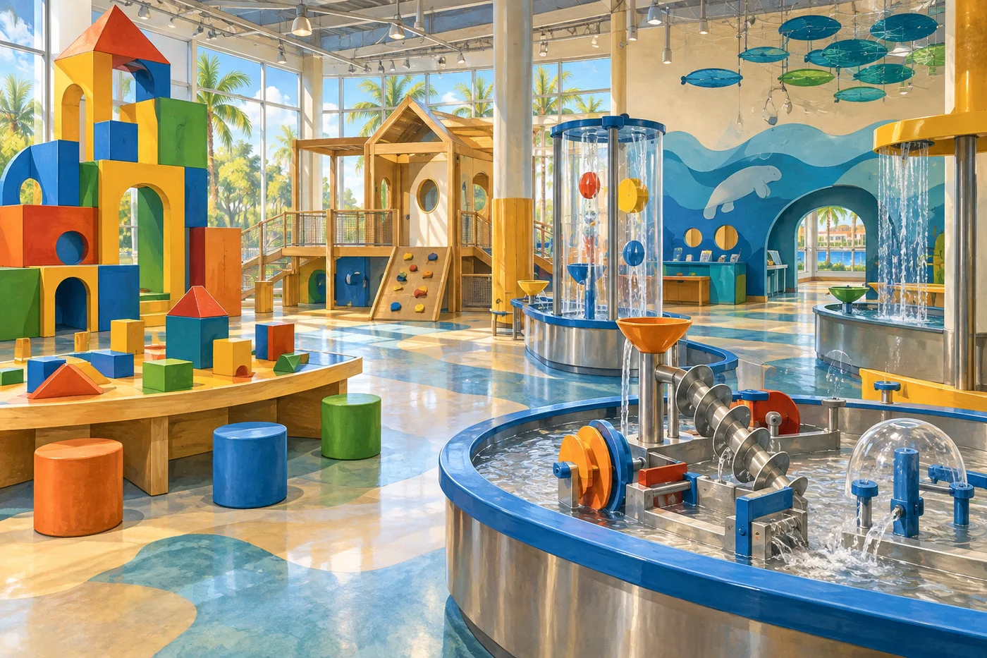 A colorful hands-on water-play exhibit inside an empty children’s museum gallery.