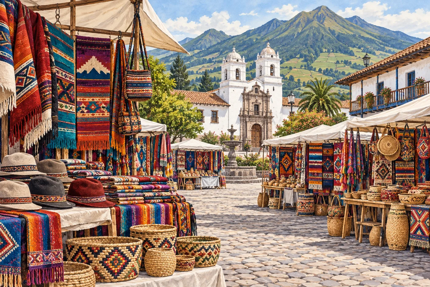 Illustrated Otavalo market stalls with colorful woven textiles, hats, and Andean hills beyond the plaza.