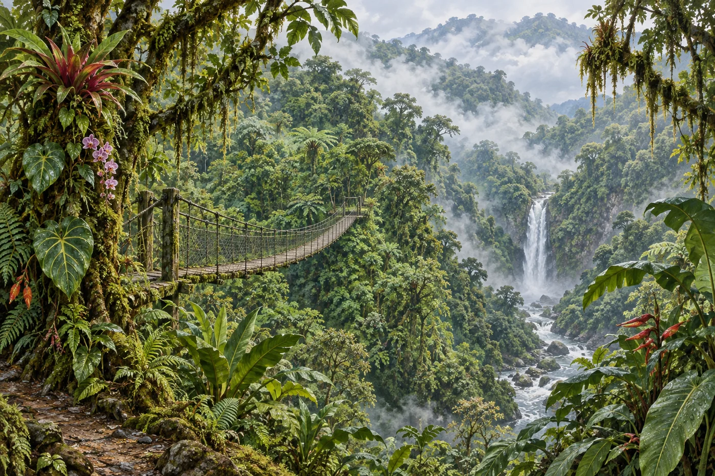 Illustrated suspension bridge over a misty Mindo cloud forest ravine, with a waterfall in the distance.