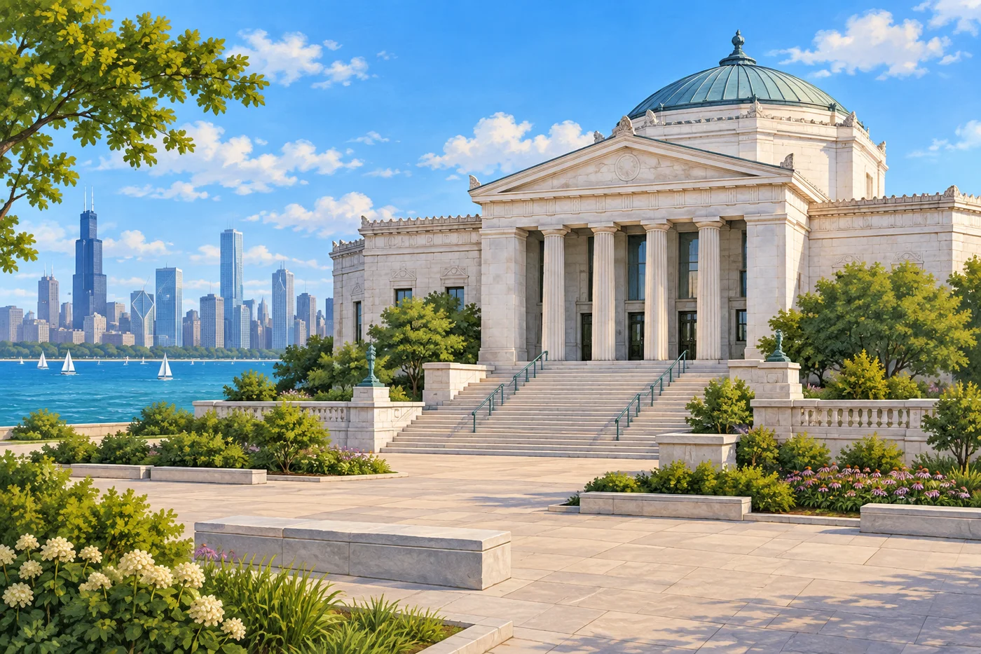 Illustrated white dome and neoclassical facade of Shedd Aquarium beside Lake Michigan.