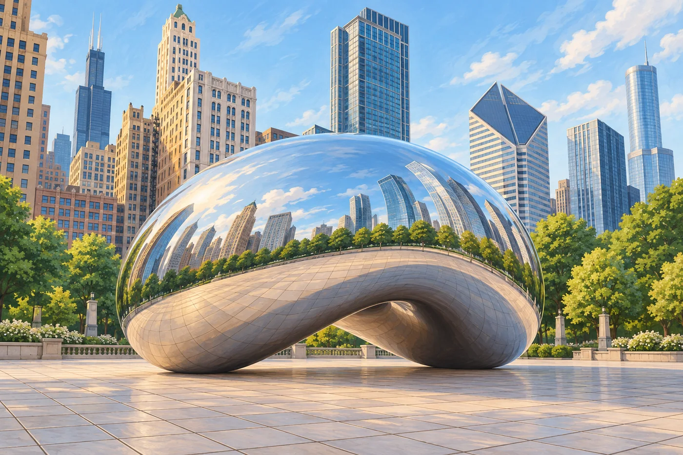 Illustrated Cloud Gate sculpture reflecting Chicago’s skyline, with Millennium Park greenery around the plaza.