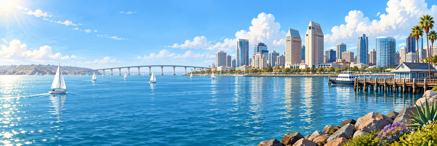 Illustrated San Diego coastline, bay, and city landmarks