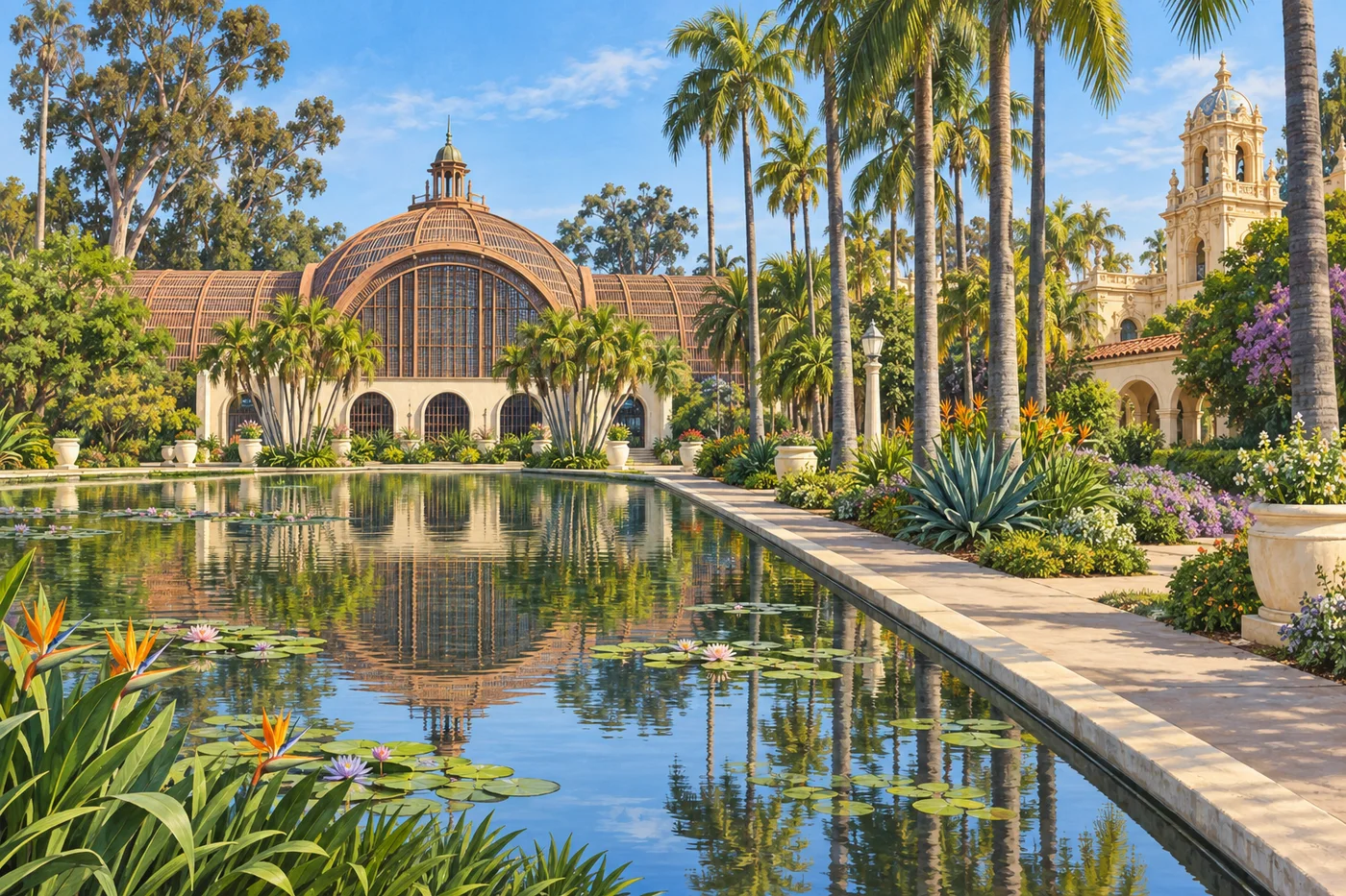 Illustrated Balboa Park Botanical Building and reflecting pool, framed by palms and garden paths.
