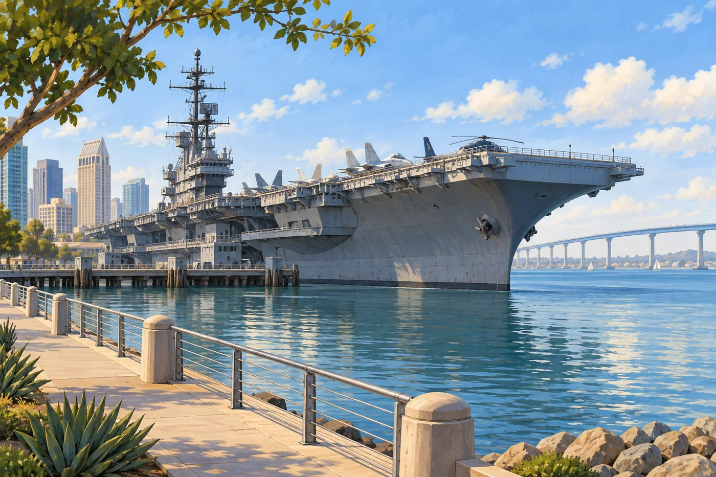 Illustrated USS Midway aircraft carrier at the downtown San Diego waterfront, viewed from the harbor promenade.
