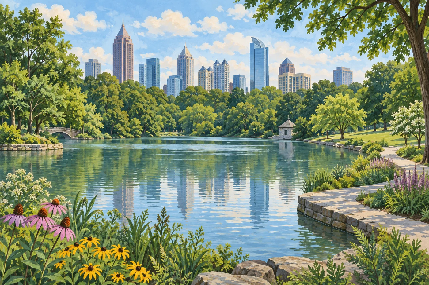 Illustrated Lake Clara Meer in Piedmont Park, with Midtown Atlanta’s skyline beyond the water.