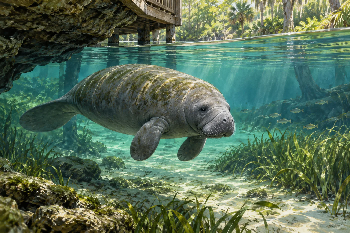 Illustrated Florida manatee swimming among aquatic plants in a clear spring-fed habitat.