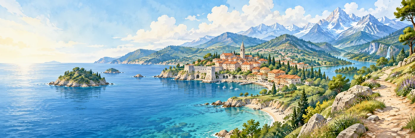 Illustrated landmark-rich destination landscape for a U.S. family trip