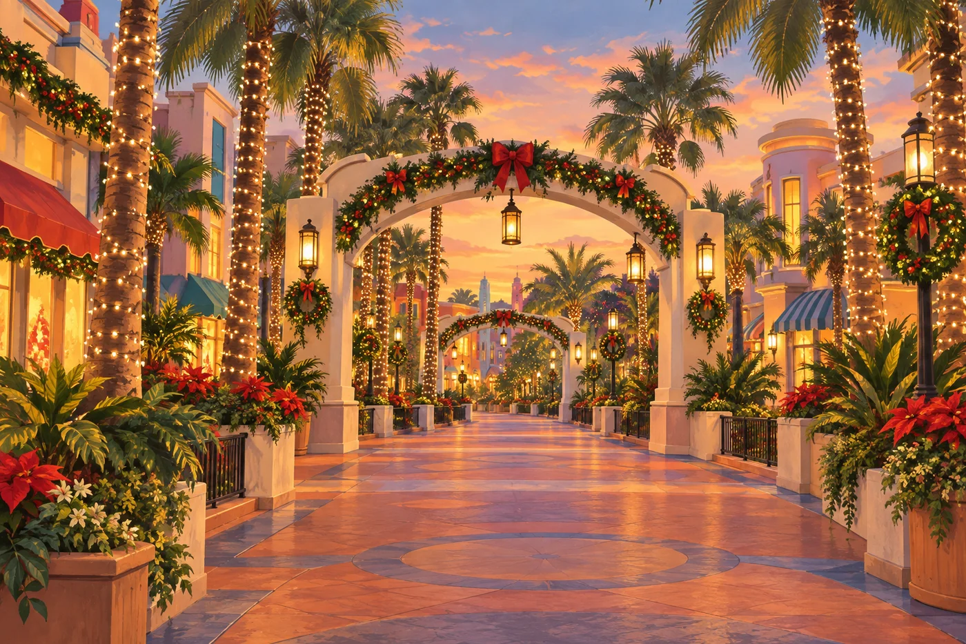 Illustrated palm-lined Orlando theme-park boulevard with holiday garlands and lights.