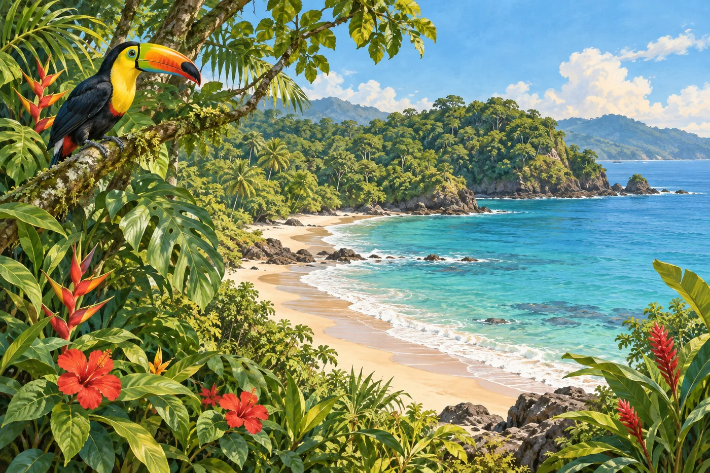 Illustrated toucan in tropical foliage above a quiet Pacific beach in Costa Rica.