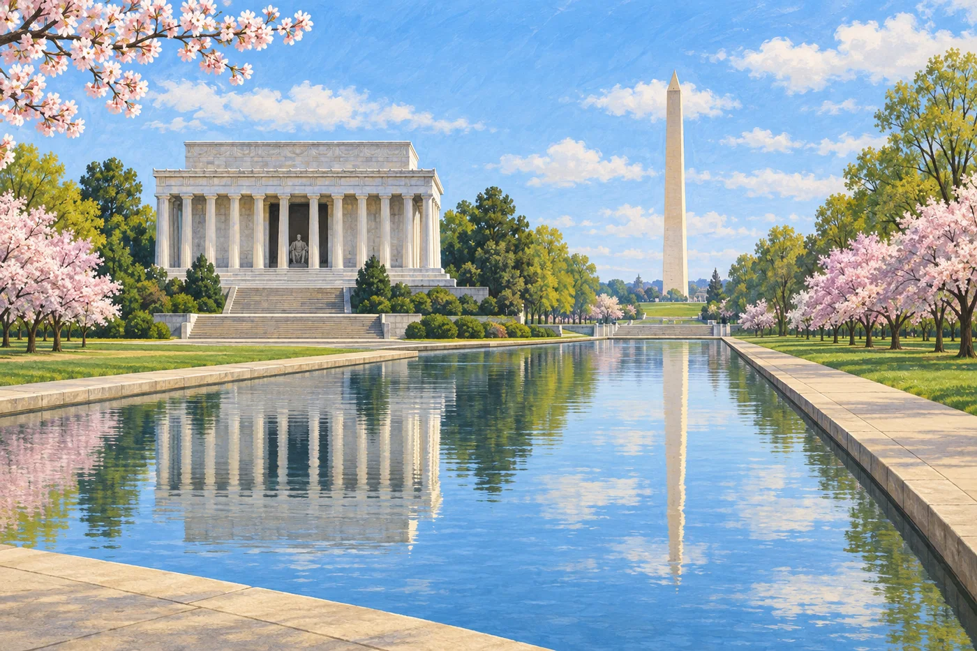 Illustrated National Mall view with the Lincoln Memorial, reflecting pool, and Washington Monument.
