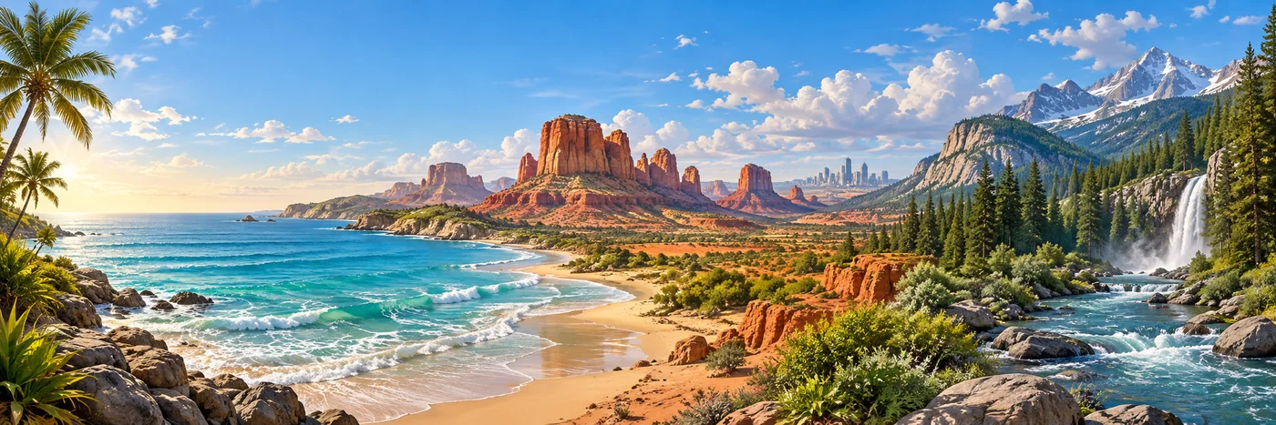 Illustrated United States landscape with forest, mountains, and a winding road