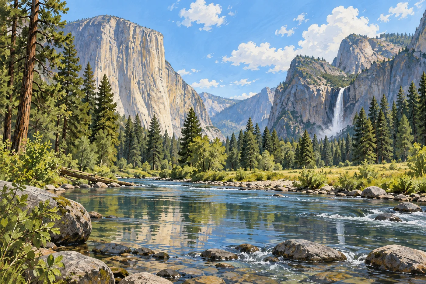Illustrated Yosemite Valley with granite cliffs and evergreen forest