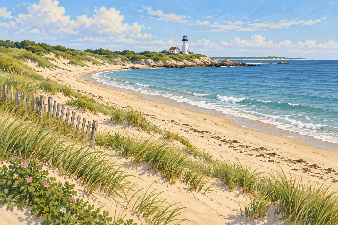 Illustrated Cape Cod shoreline with dune grass, a sandy beach, and calm coastal water.