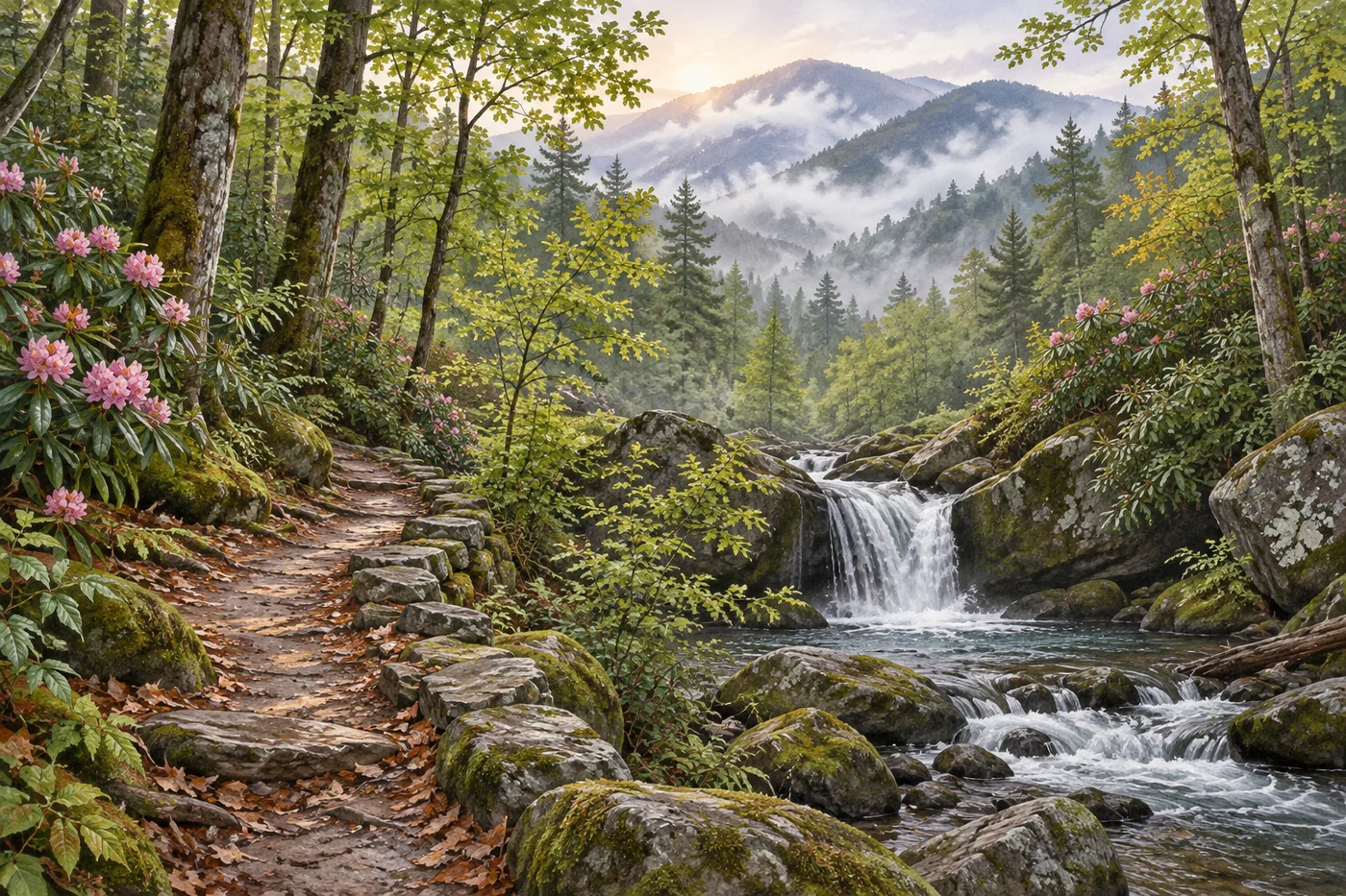 Illustrated Smoky Mountains stream cascading over rocks beneath a wooded ridge.