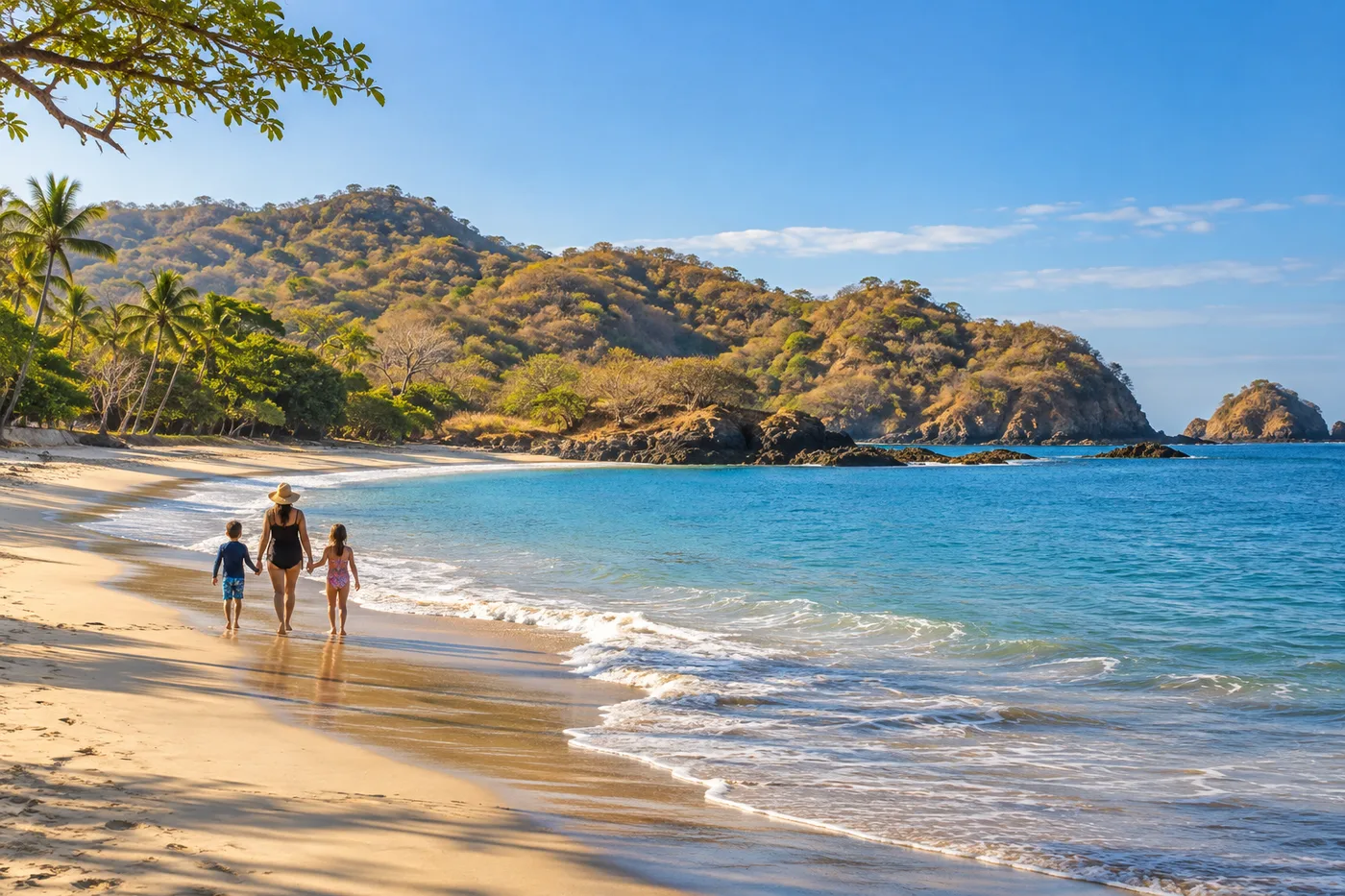 Illustrated Guanacaste coast with a broad Pacific beach and dry tropical hills.