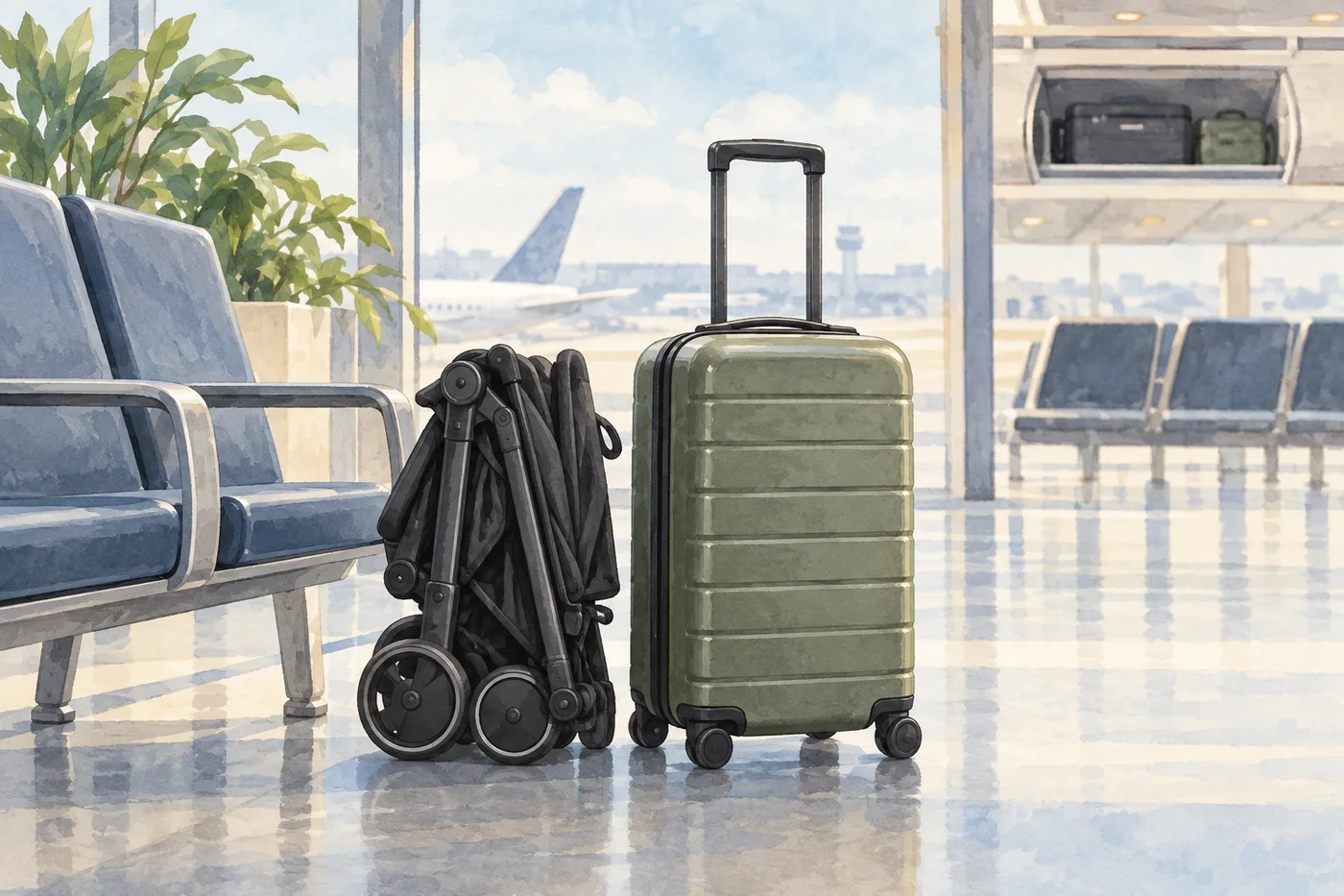 Illustrated compact stroller folded beside carry-on luggage in an airport waiting area.