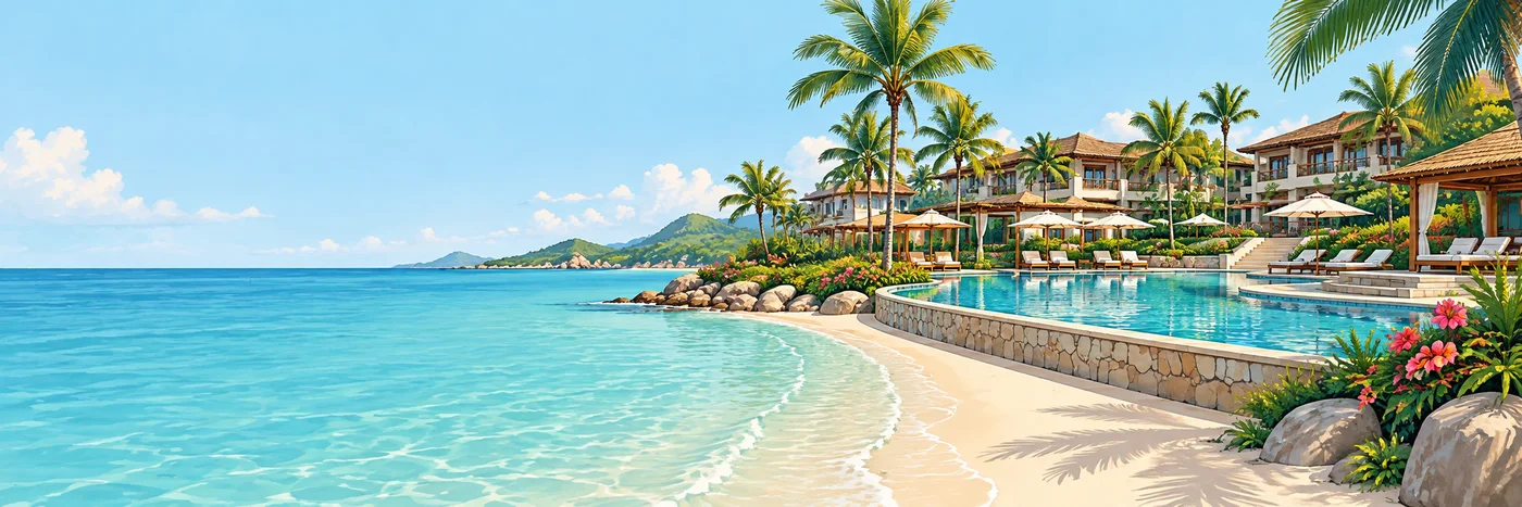 Illustrated Caribbean resort shoreline, pool, palms, and low-rise buildings