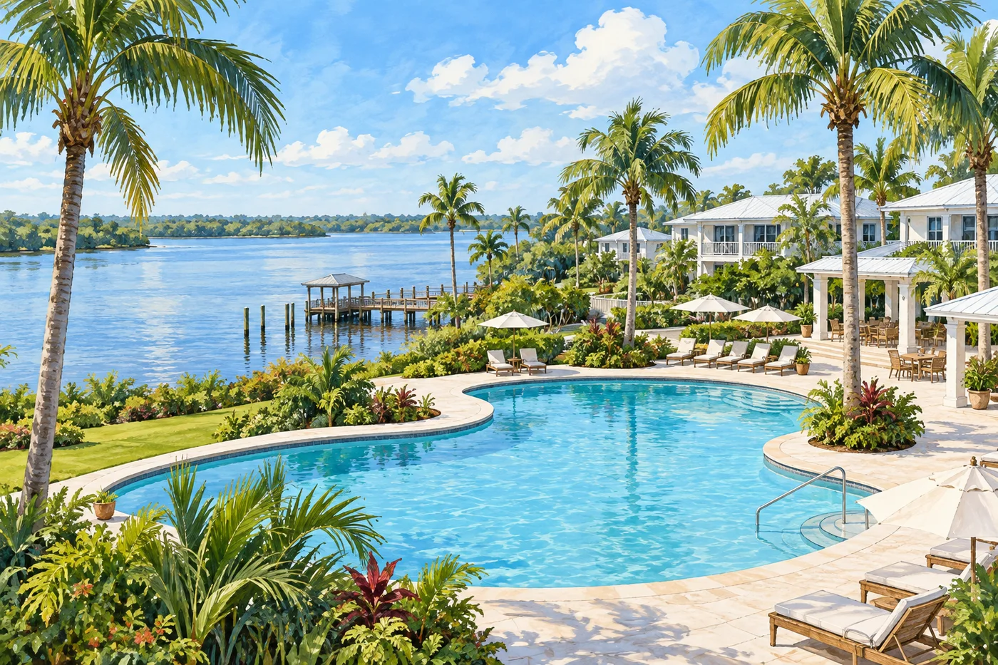 Illustrated Florida riverfront resort pool beside palms, gardens, and a quiet pier.