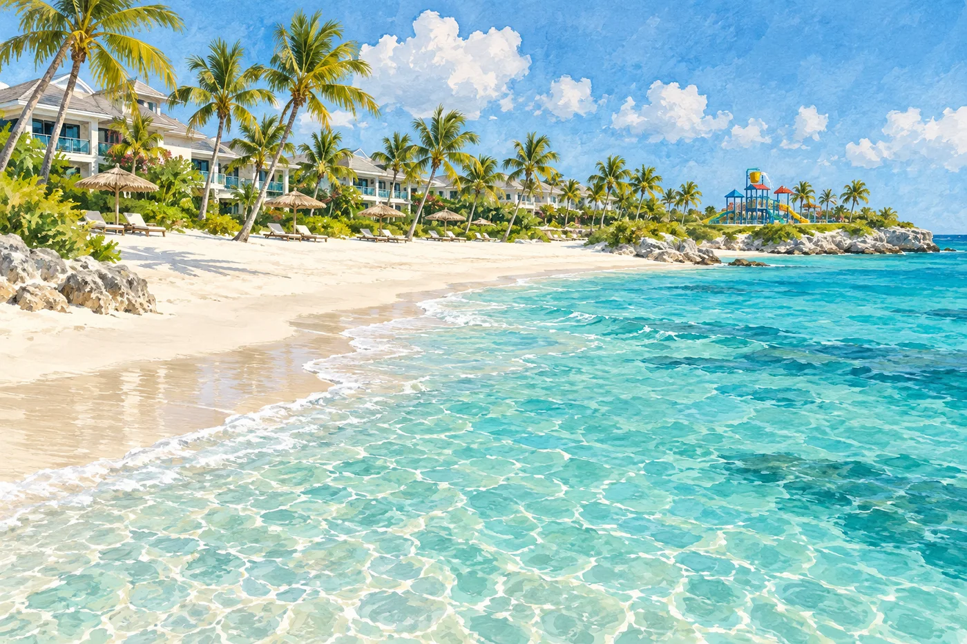 Illustrated Turks and Caicos beachfront with clear shallows, pale sand, palms, and a distant water-play area.