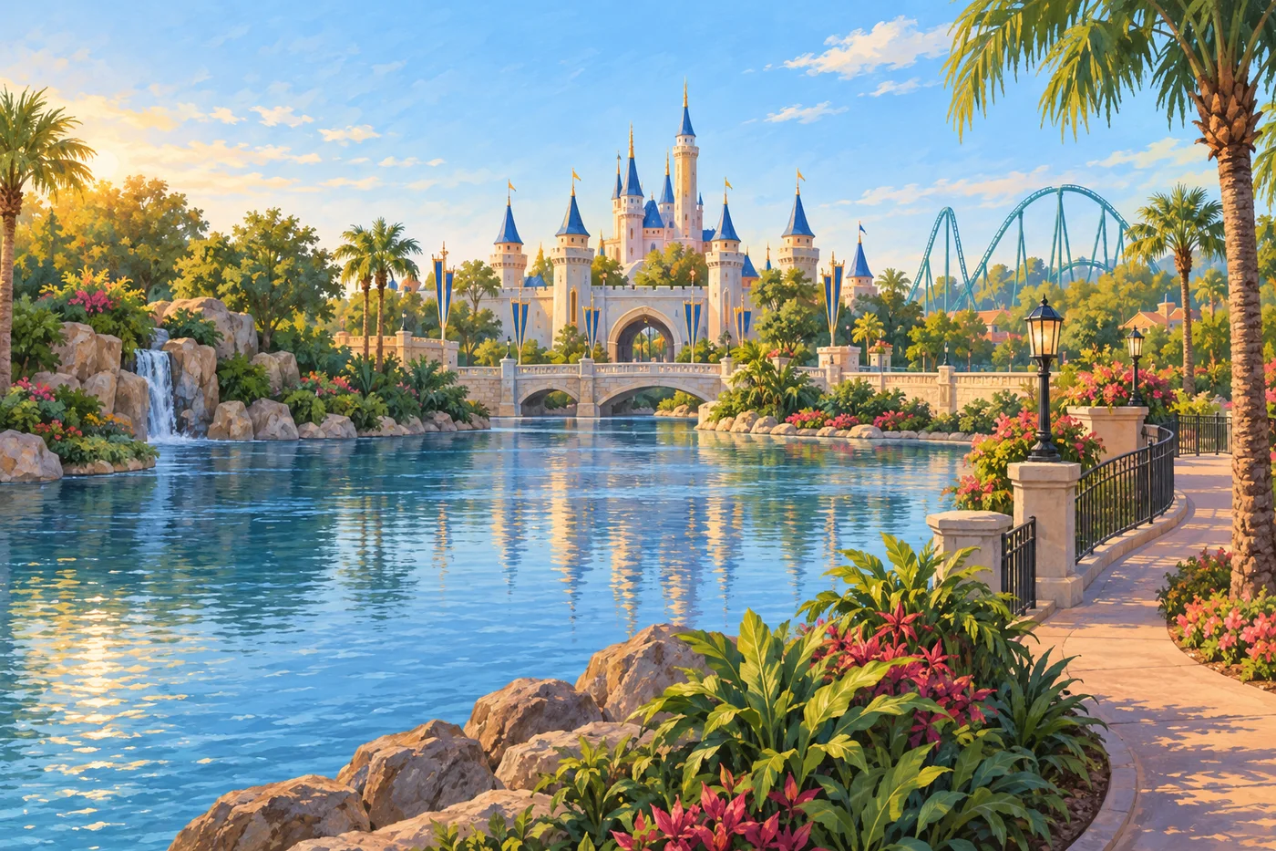 Illustrated central Florida theme-park lagoon with castle-like towers and a distant coaster.