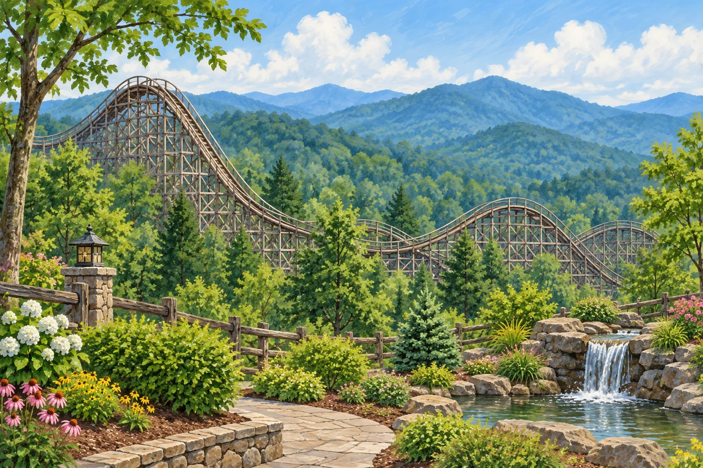Illustrated wooden roller coaster through forested Smoky Mountain ridges.