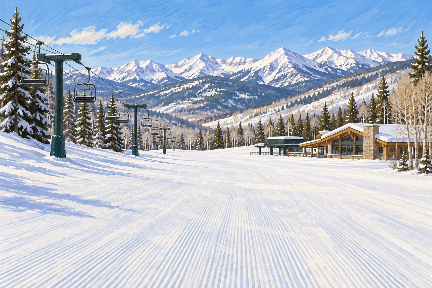Illustrated empty Buttermilk Mountain ski-school slope with a quiet lift and the Elk Range beyond.