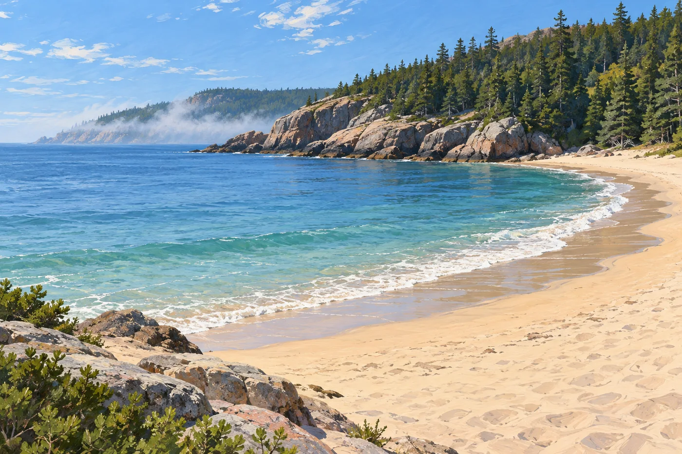 Illustrated empty Sand Beach in Acadia with Atlantic surf, pale sand, and granite headlands.