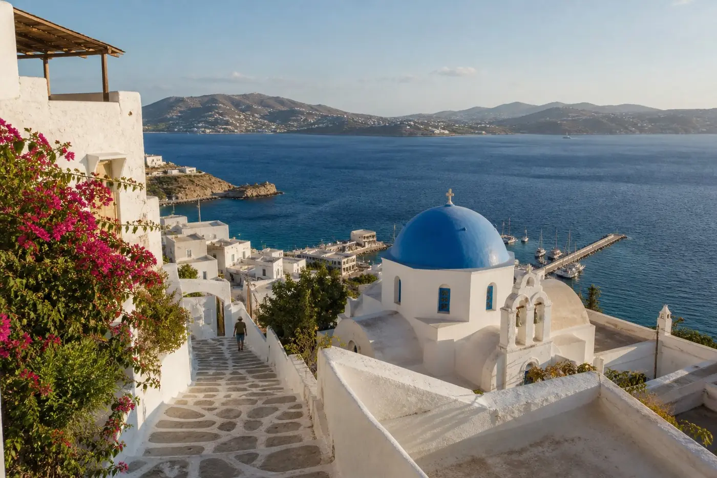 Greek island coastline with bright blue water