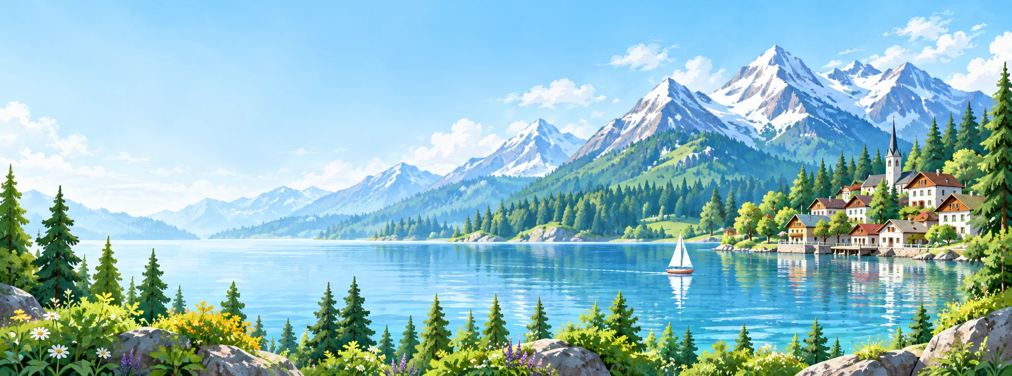 Illustrated alpine lake, pine forest, sailboat, village, and snow-capped mountains
