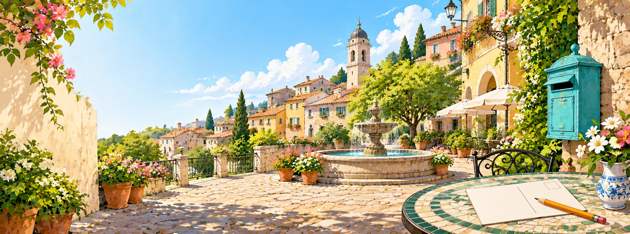 Illustrated old-town square with a fountain, flowered buildings, a teal post box, and a blank postcard