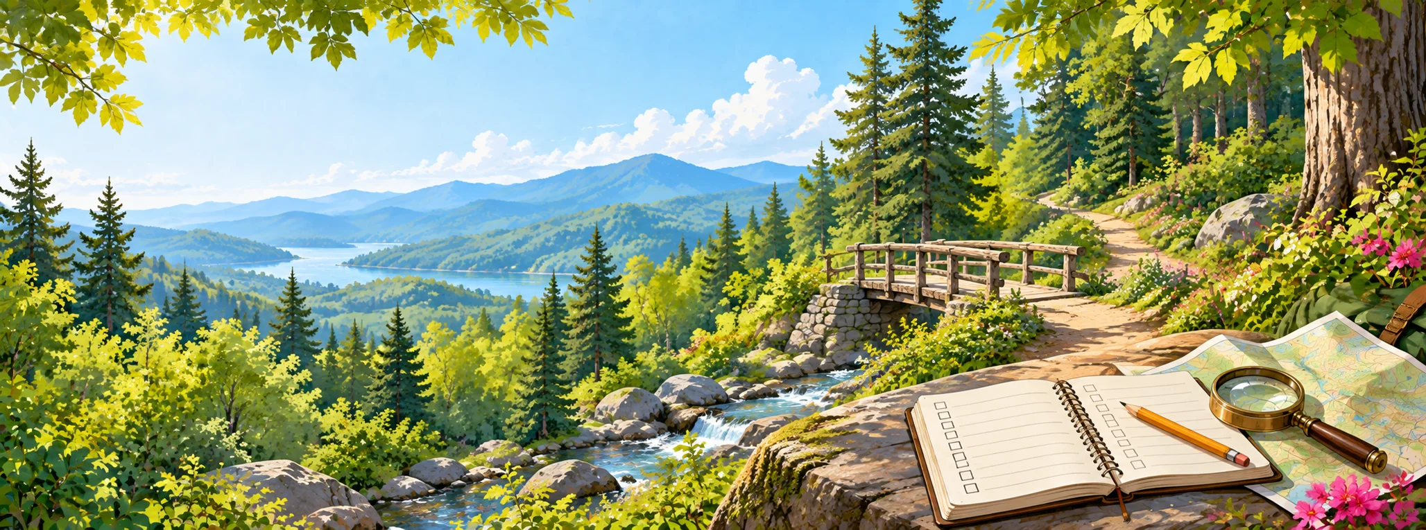 Illustrated green national-park trail, footbridge, open checklist notebook, pencil, and magnifying glass