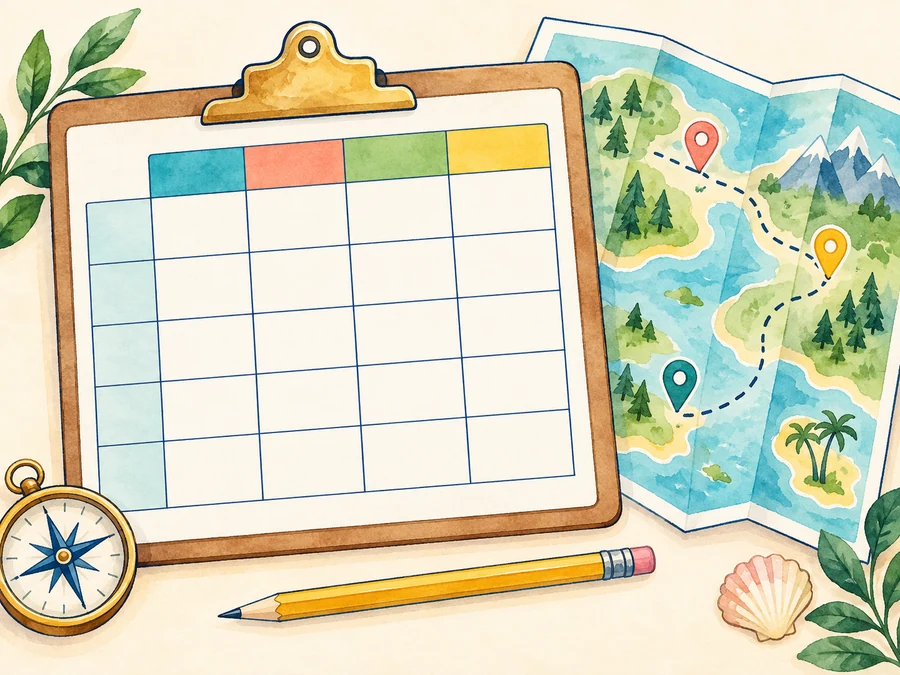 Blank trip comparison worksheet with a map, route pins, pencil, and compass