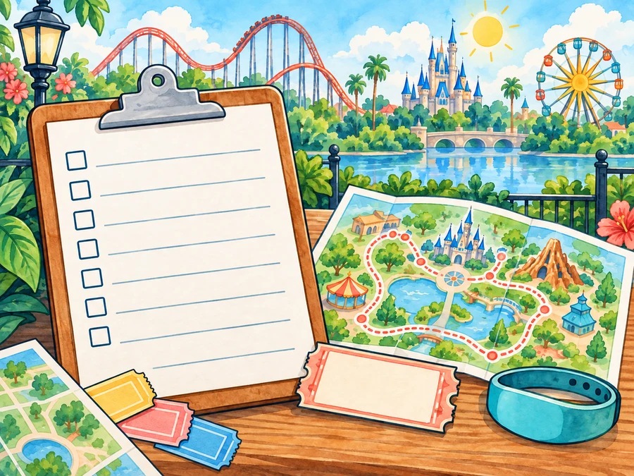 Blank theme-park checklist with a route map, ticket, roller coaster, and ferris wheel