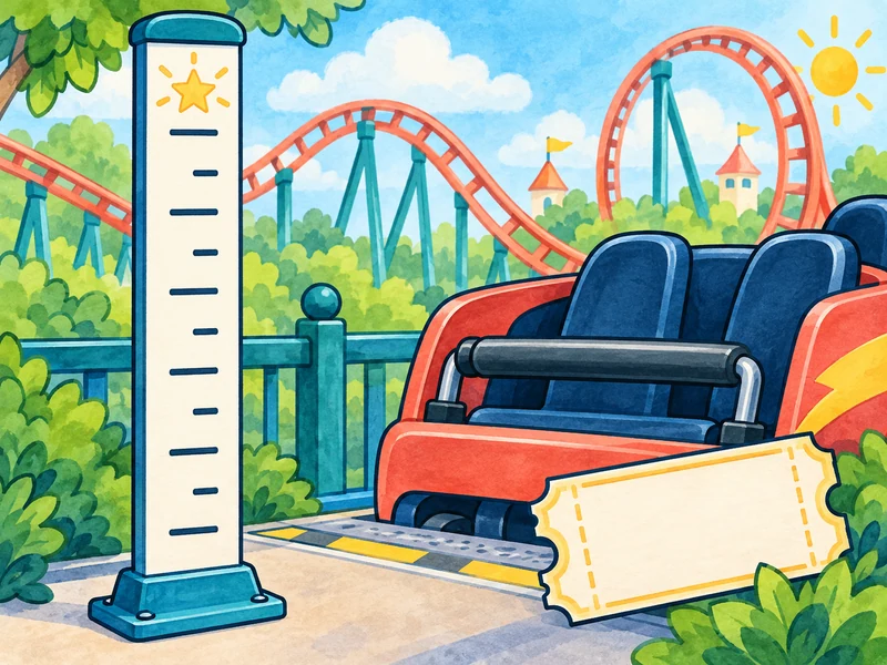 Theme-park ride seat beside an unnumbered height marker and roller coaster