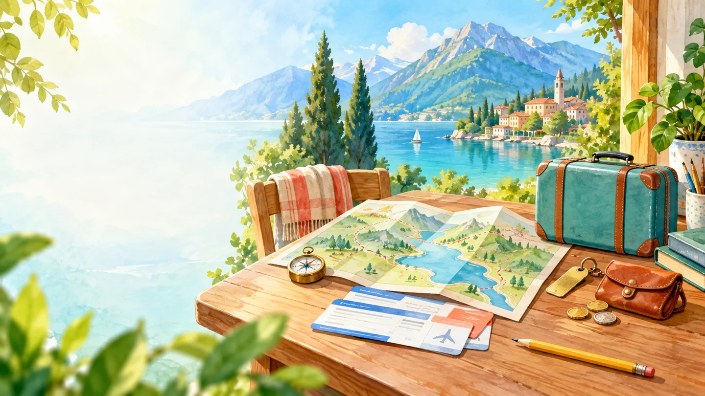 An open family travel map, trip tickets, suitcase, and cost-planning items beside a bright lake