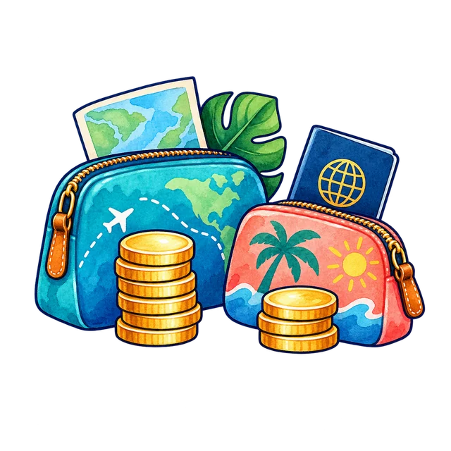 Two travel pouches and coin stacks representing a group cost comparison