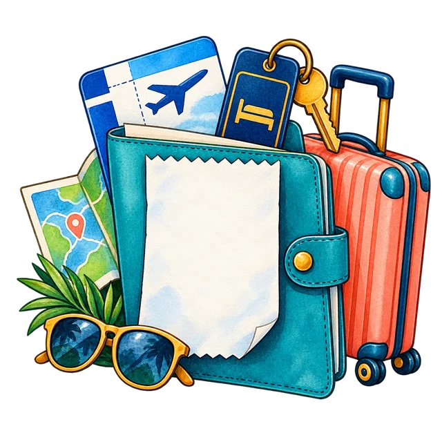 Travel folder with blank receipt, flight ticket, hotel key, and suitcase