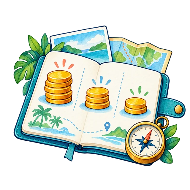 Watercolor travel notebook, coin stacks, and compass