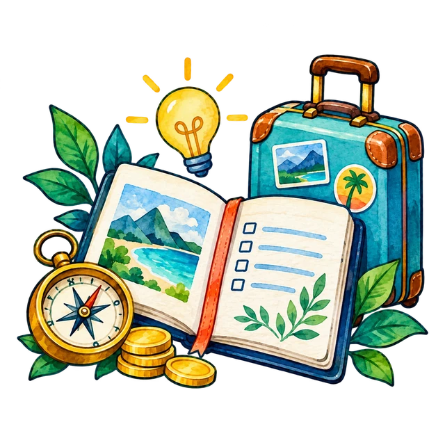 Travel notebook, compass, coins, suitcase, and a small idea light