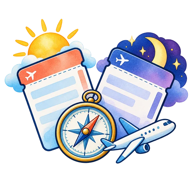 Watercolor daytime and nighttime flight passes beside a compass