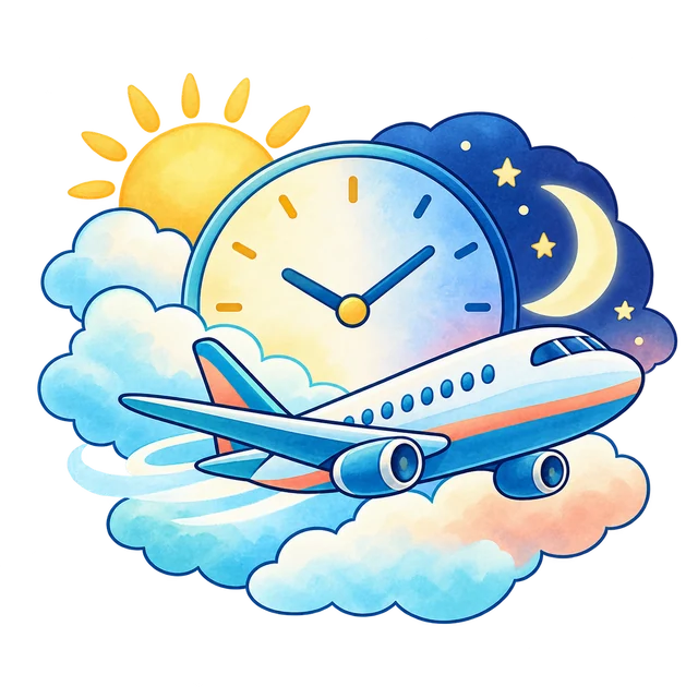 Watercolor airplane crossing clouds near a clock