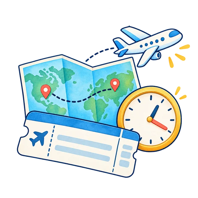 Watercolor flight ticket, route map, small airplane, and clock